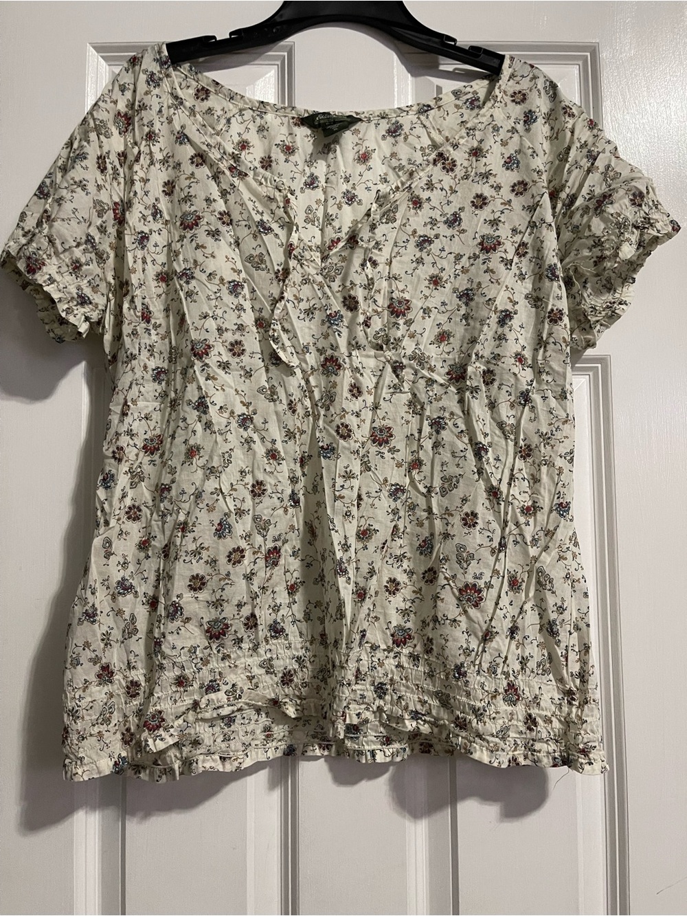 Eddie Bauer Cream Floral Short-Sleeve Peasant Blouse